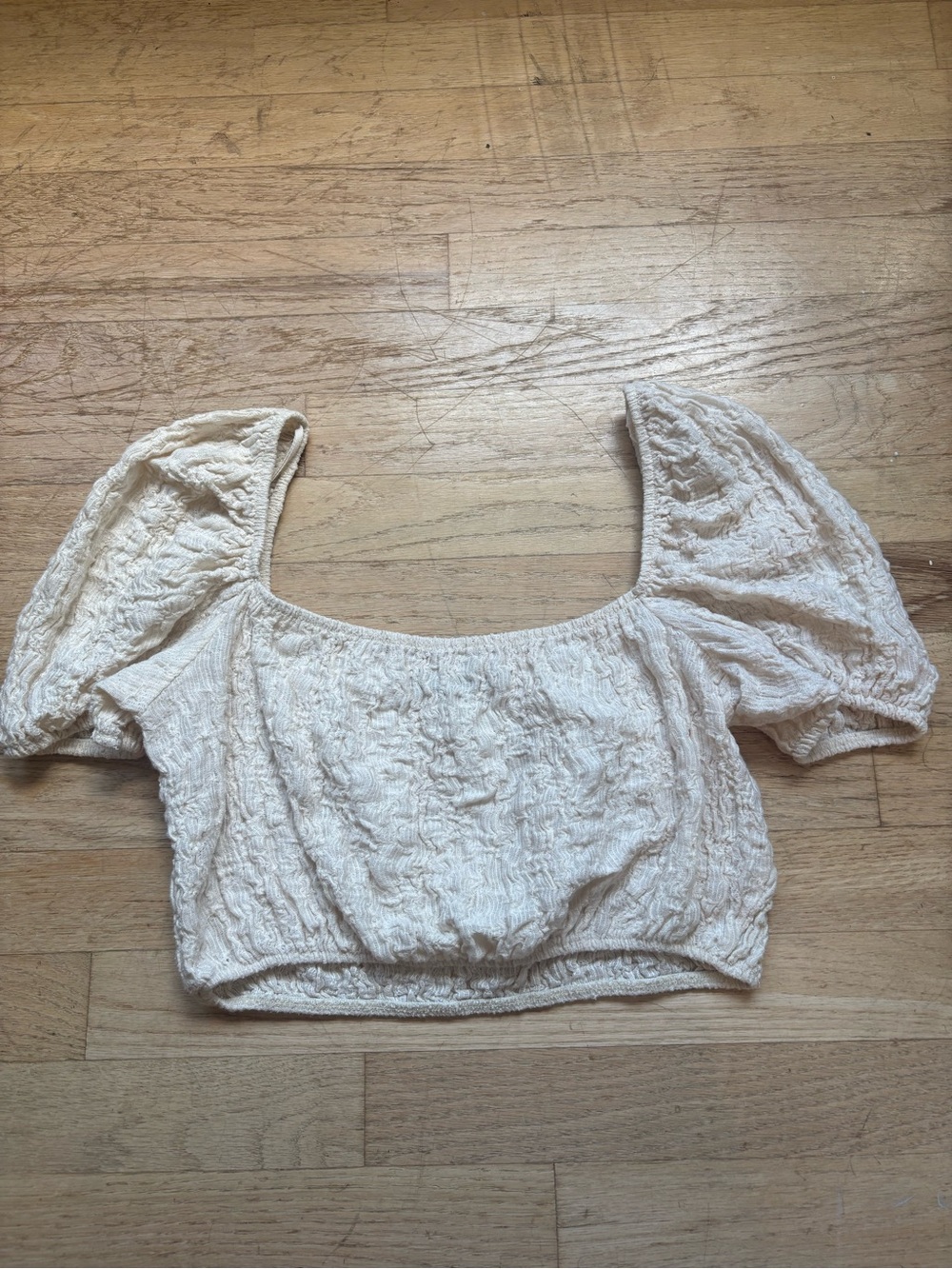 Zara Cream Textured Puff-Sleeve Crop Top